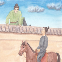 Tang dynasty AU: Wu Xie climbing over a wall, Xiaoge on a horse